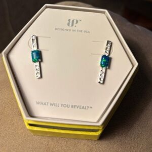 Blue-Green Opal Bar Drop Earrings with Crystal-Studded Silver Bars